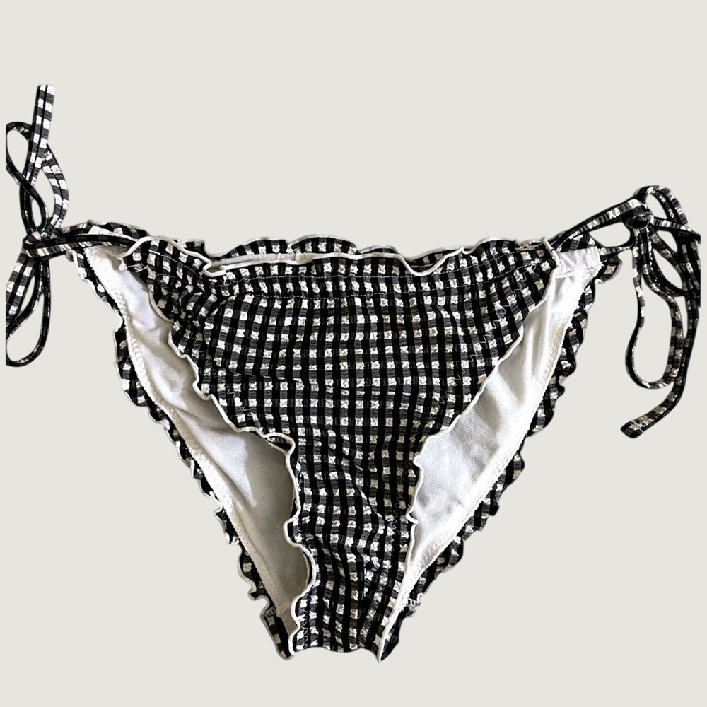 Wild Fable Gingham Low Rise High Leg Cheeky Bikini Bottom XS Black White Ruffle